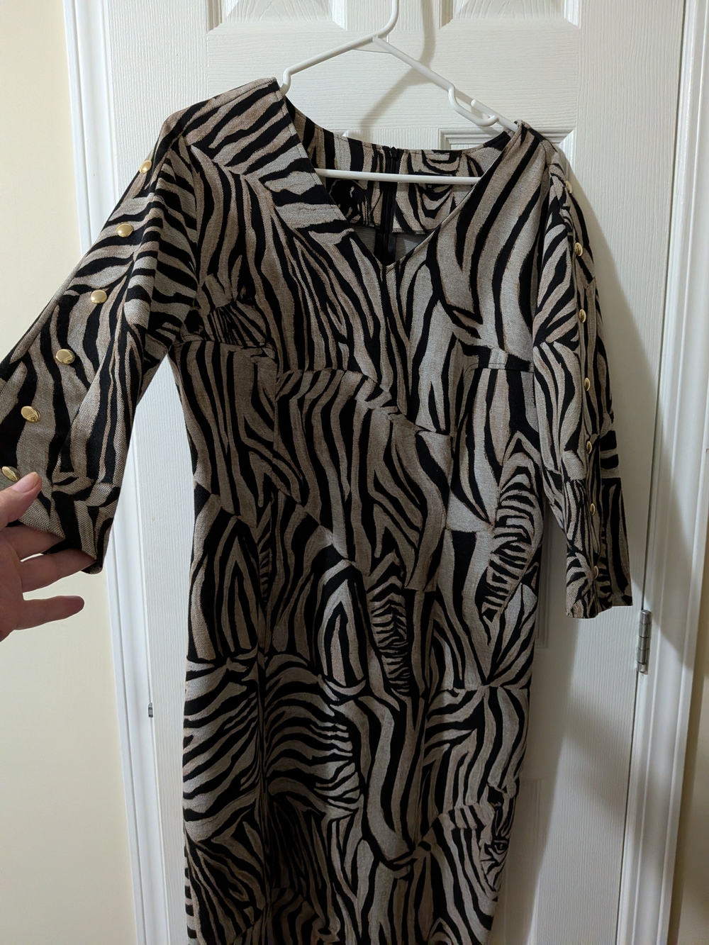 Caroline Biss Midi Dress with Gold Button Detail - Black & Beige Zebra Print
